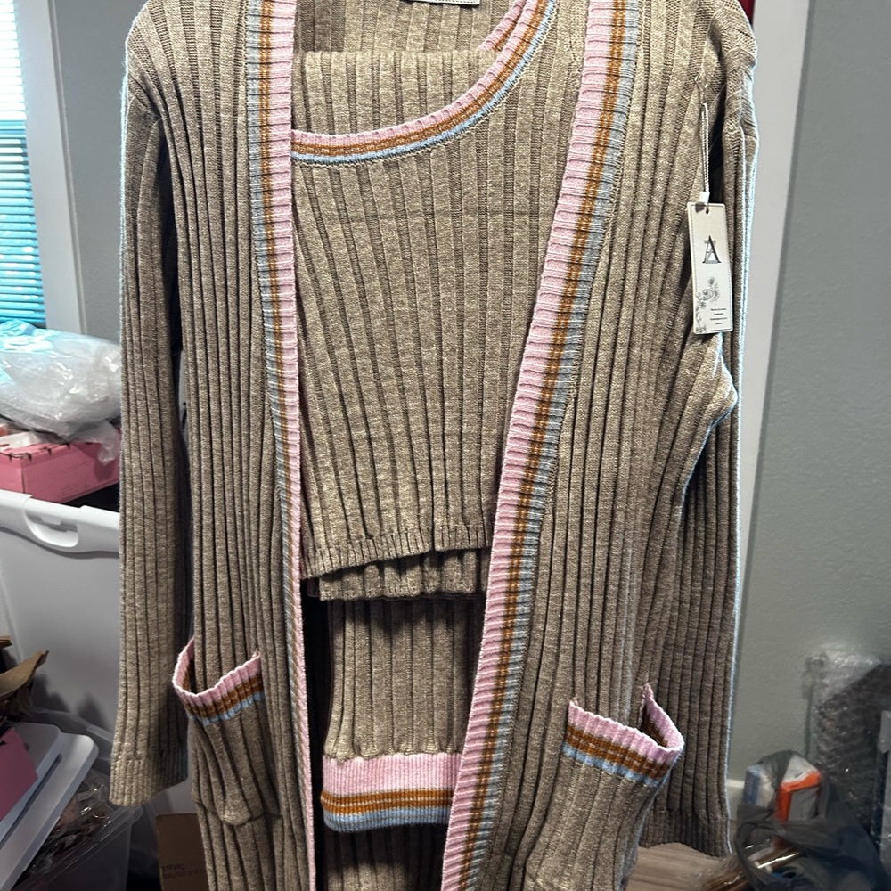 Women's Ribbed Knit Sweater Set - Beige and Pink 3 Piece